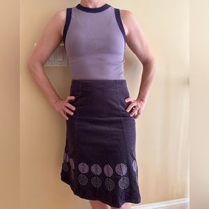 Purple corduroy A-line midi skirt w/ floral pattern, like new, no damage/stains